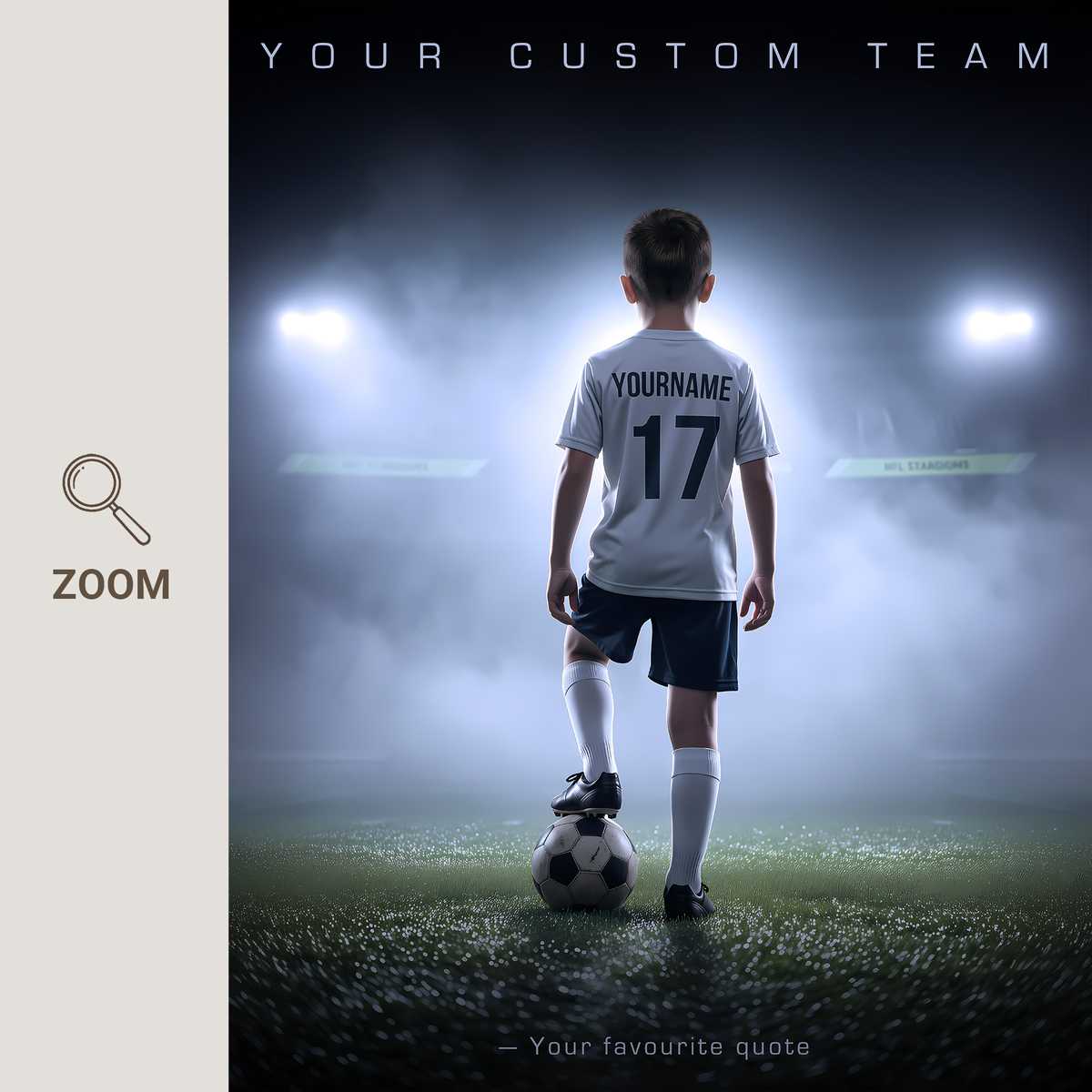 Custom poster detail showing bold name and number typography in team style