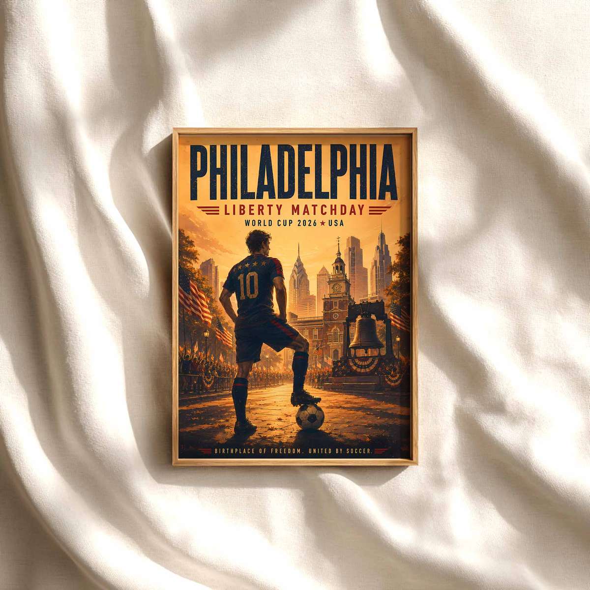 Philadelphia skyline at sunset with stadium lights glowing and a subtle World Cup 2026 emblem overlay