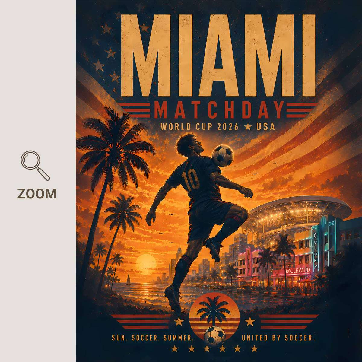 New York skyline at dusk with a World Cup 2026 poster overlay capturing match-day lights and cheering fans