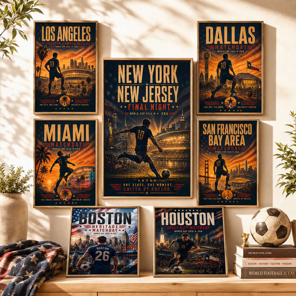 New York skyline at dusk with a World Cup 2026 poster overlay capturing match-day lights and cheering fans
