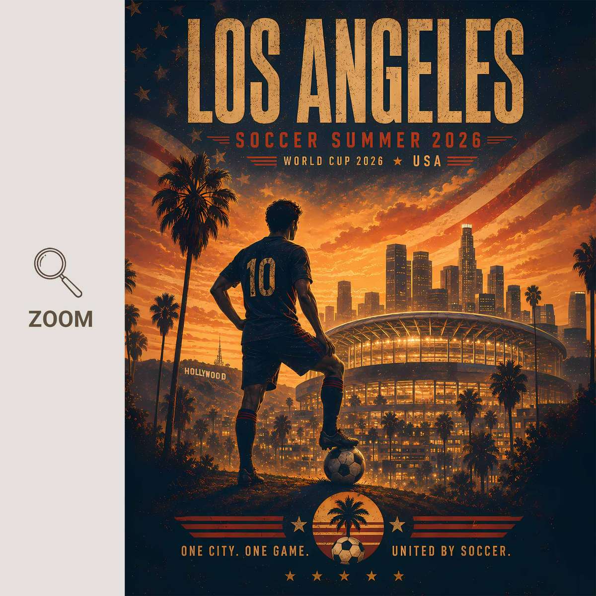 Los Angeles skyline bathed in golden final-match light behind a bold World Cup graphic and jubilant supporters