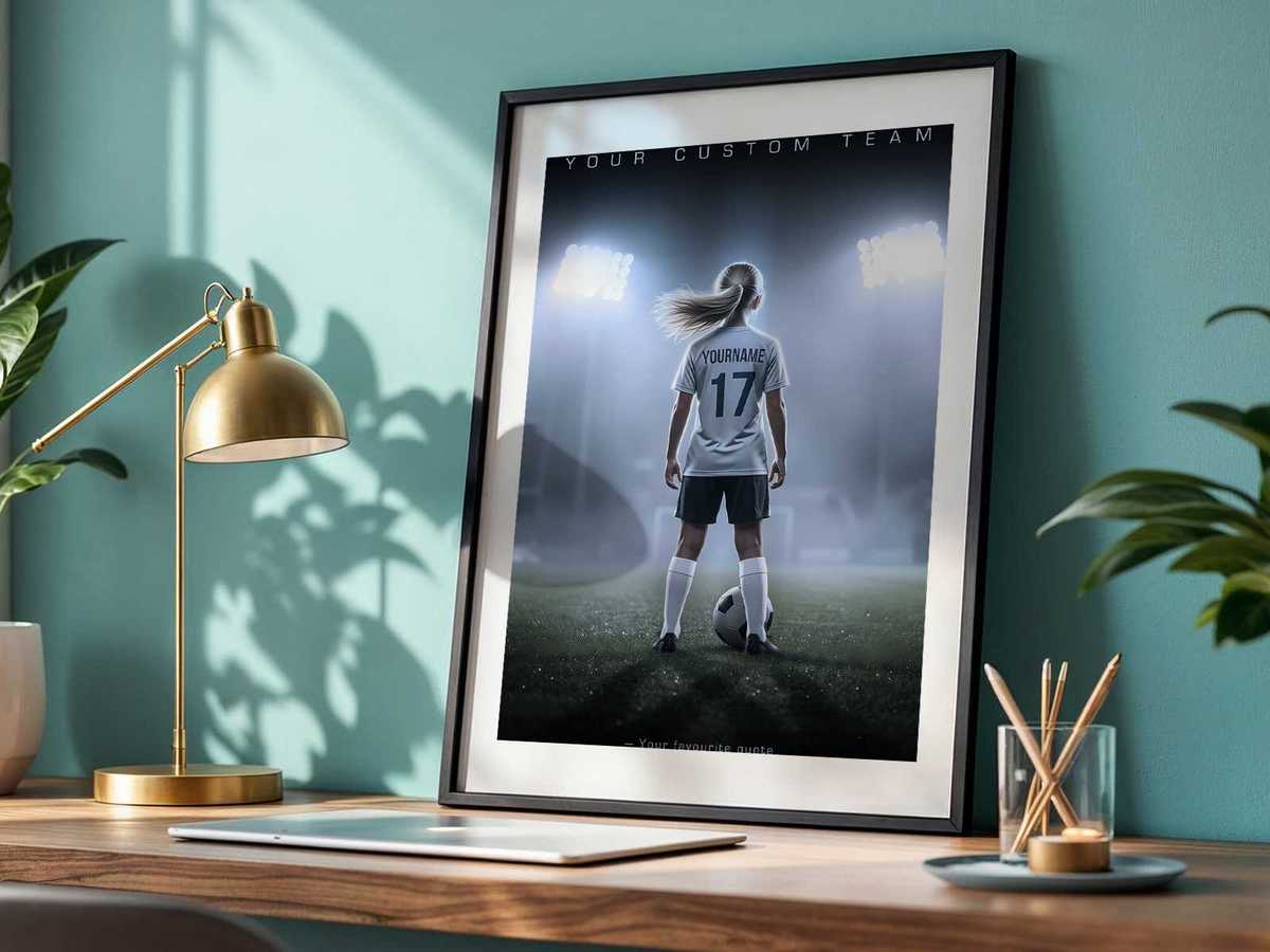 Action shot of a player mid-kick seamlessly integrated into a poster layout with school crest