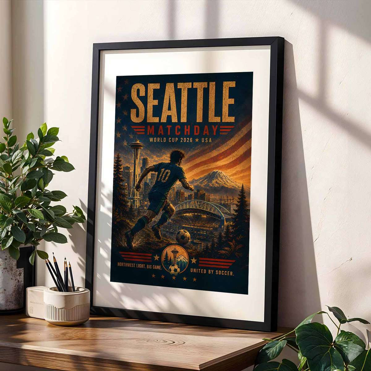 American flag elements and fan banners woven into a Seattle World Cup poster design