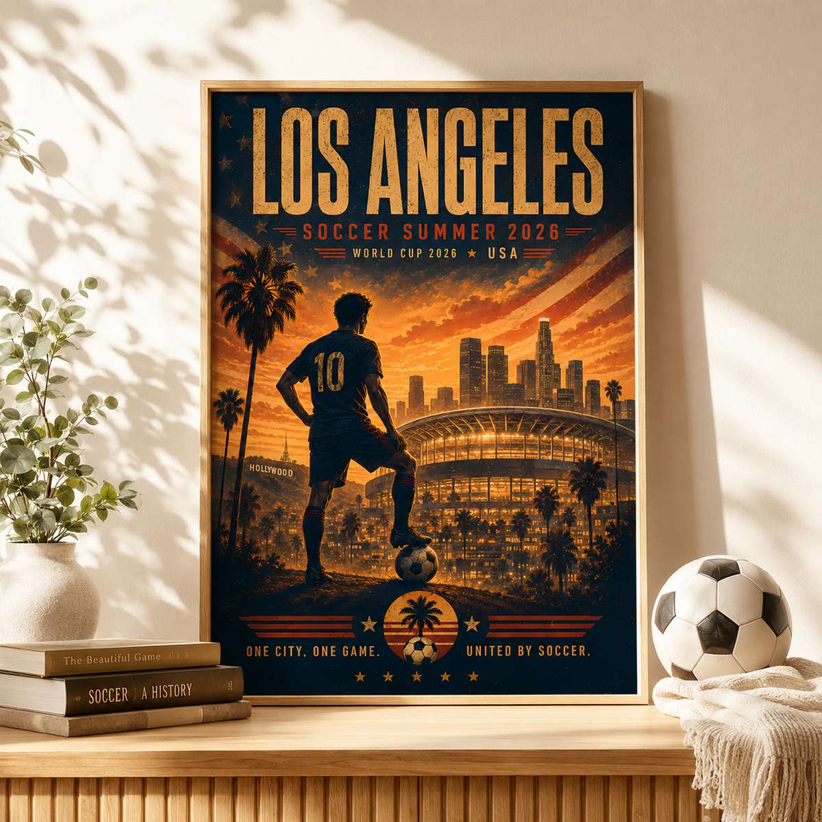 Artful use of red, white, and blue ribbons and subtle stars integrated with soccer imagery to evoke American pride