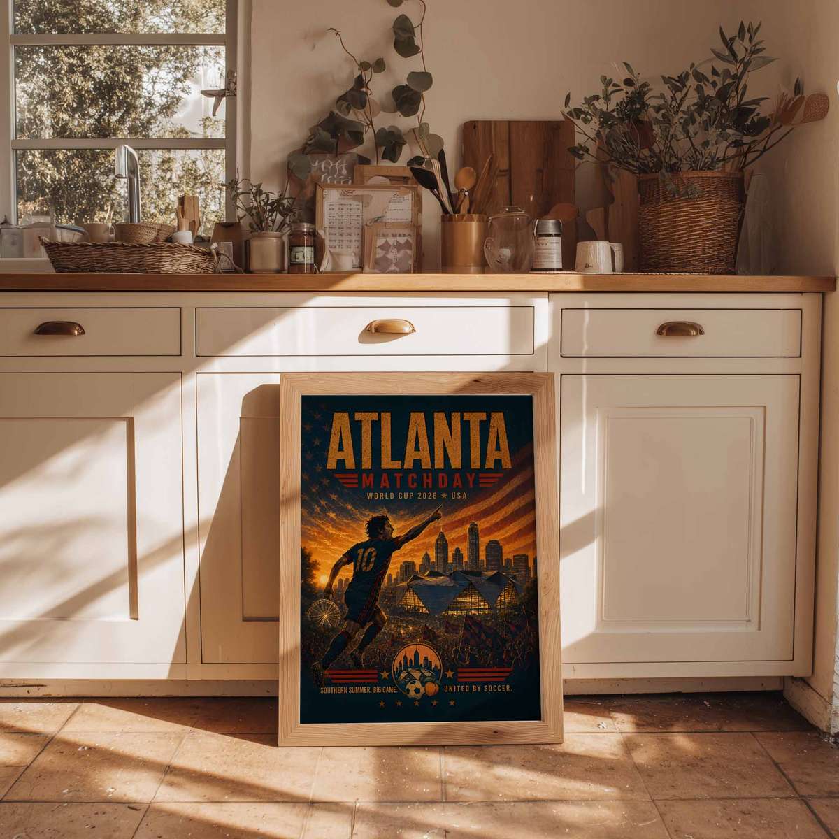 Graphic poster emphasizing Atlanta's architectural lines and stadium silhouette against twilight