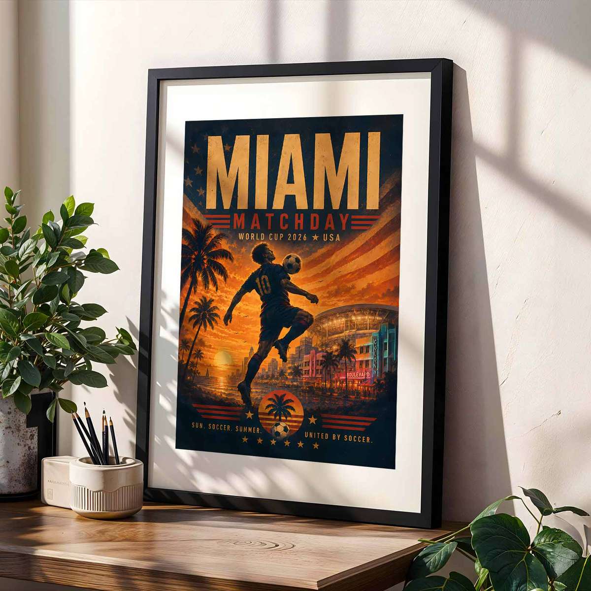 Miami skyline at sunset with golden final-night light casting long shadows over stadium silhouettes