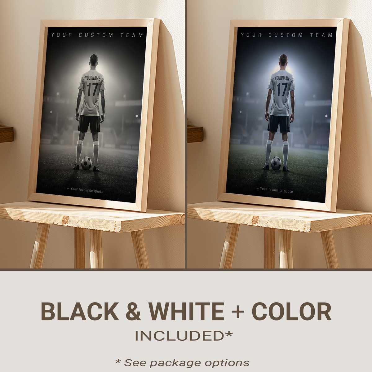 Custom soccer poster collage showing a player in action, date badges, and match highlights representing a memorable season