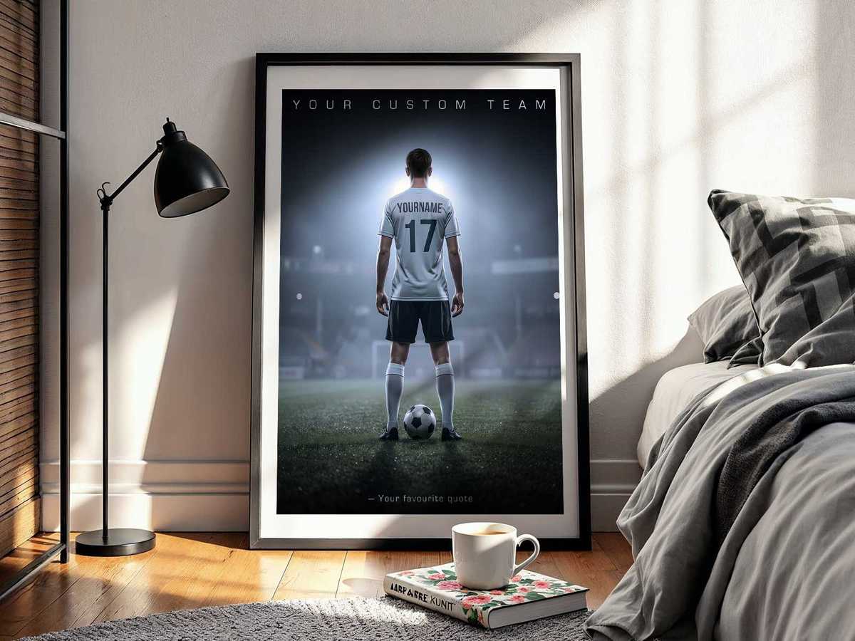 Custom soccer poster as an accent on a bedroom wall above a desk, complemented by team colors and memorabilia