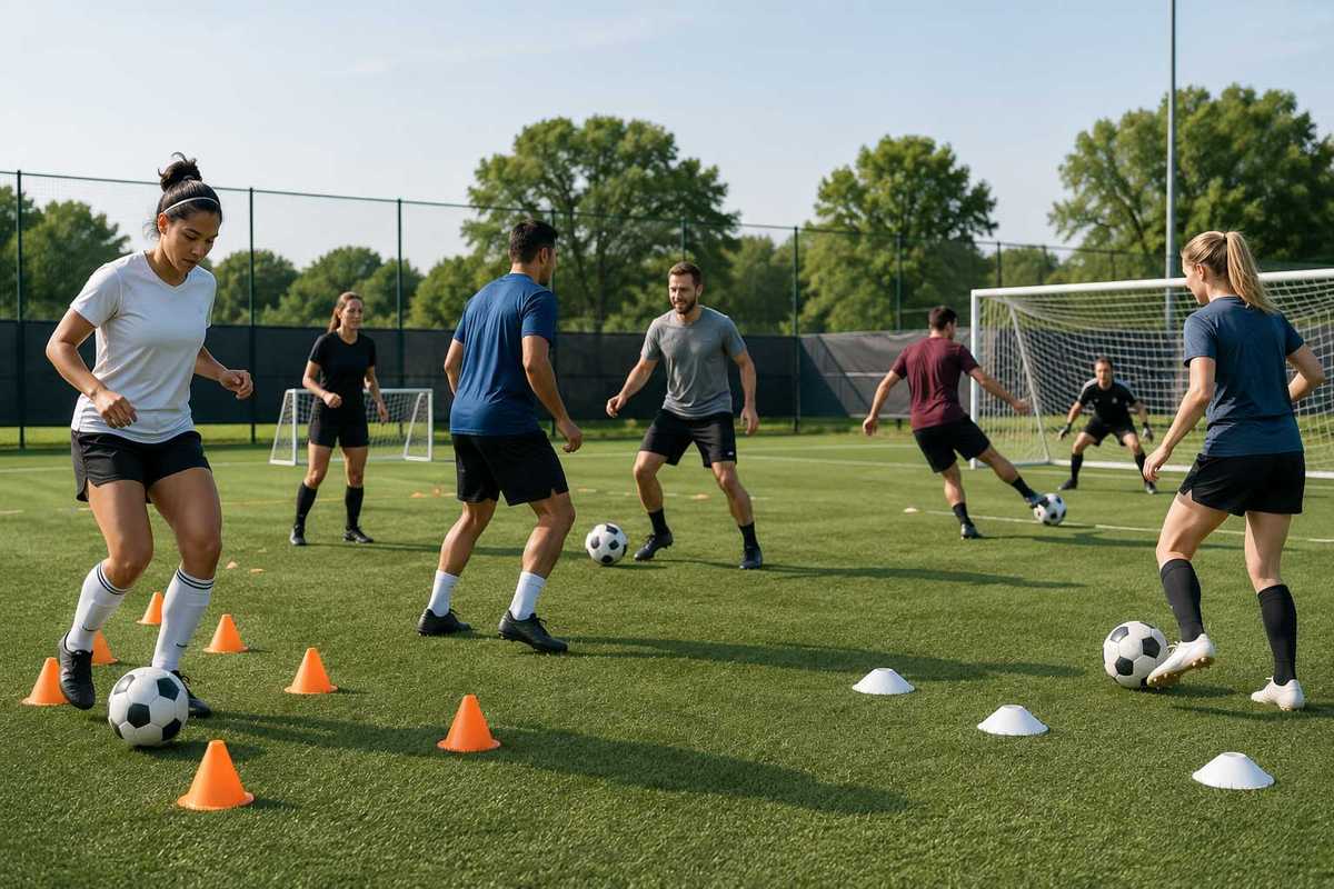 Adult soccer player using cones for a simple warmup to practice first touch and ball control