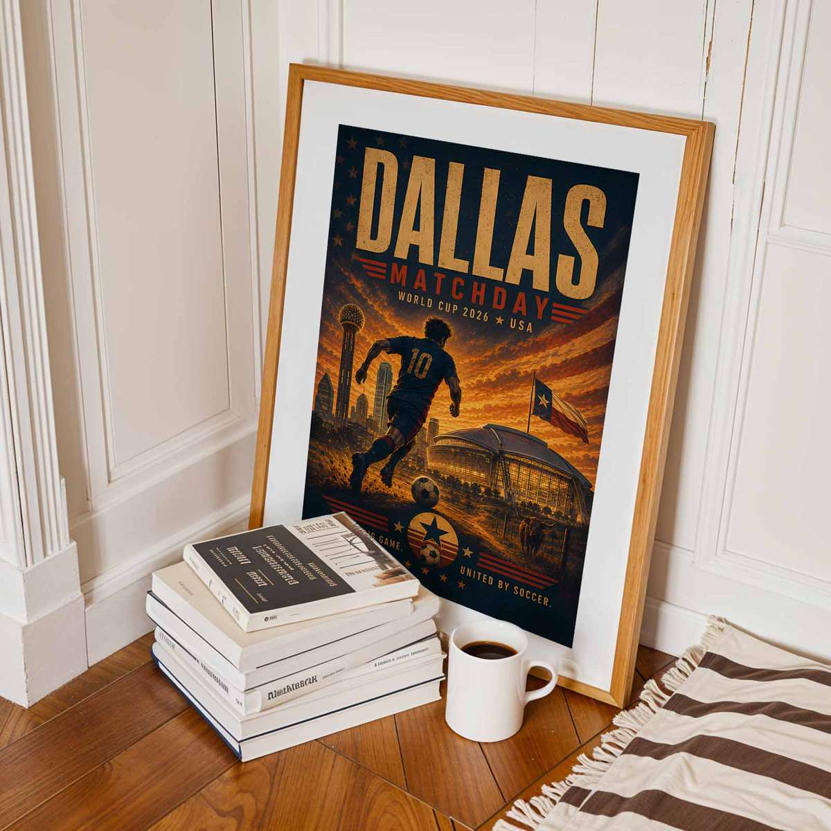 Custom poster showing Dallas skyline at twilight with stadium lights glowing and final match atmosphere