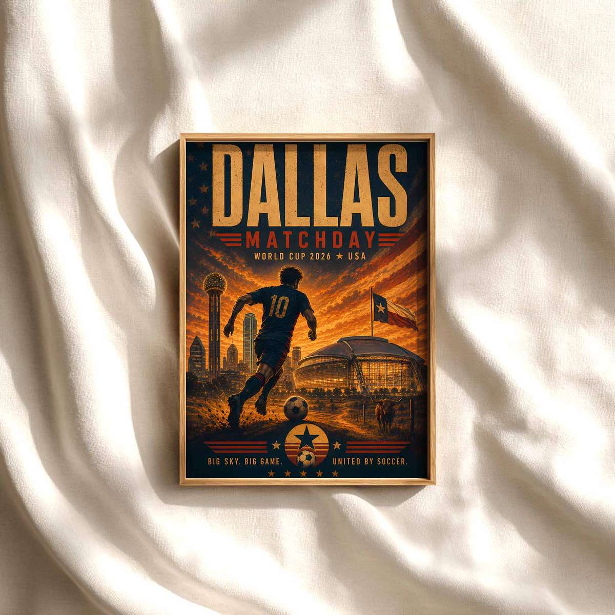 Custom poster showing Dallas skyline at twilight with stadium lights glowing and final match atmosphere