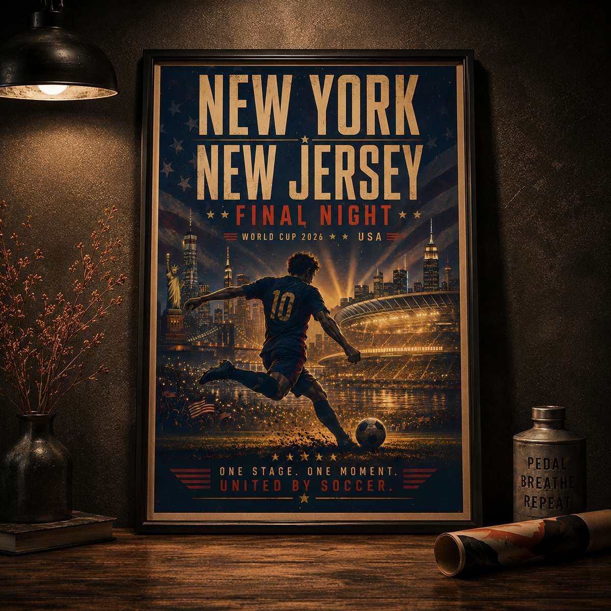 Close-up poster of fans celebrating with scarves and flags under stadium lights in New York