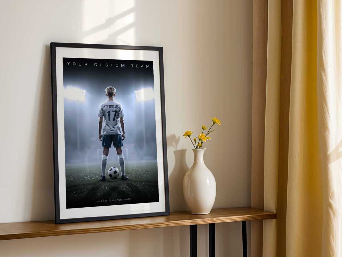 Minimalist custom soccer poster with a subtle nod to a favorite club through a small badge and color accents