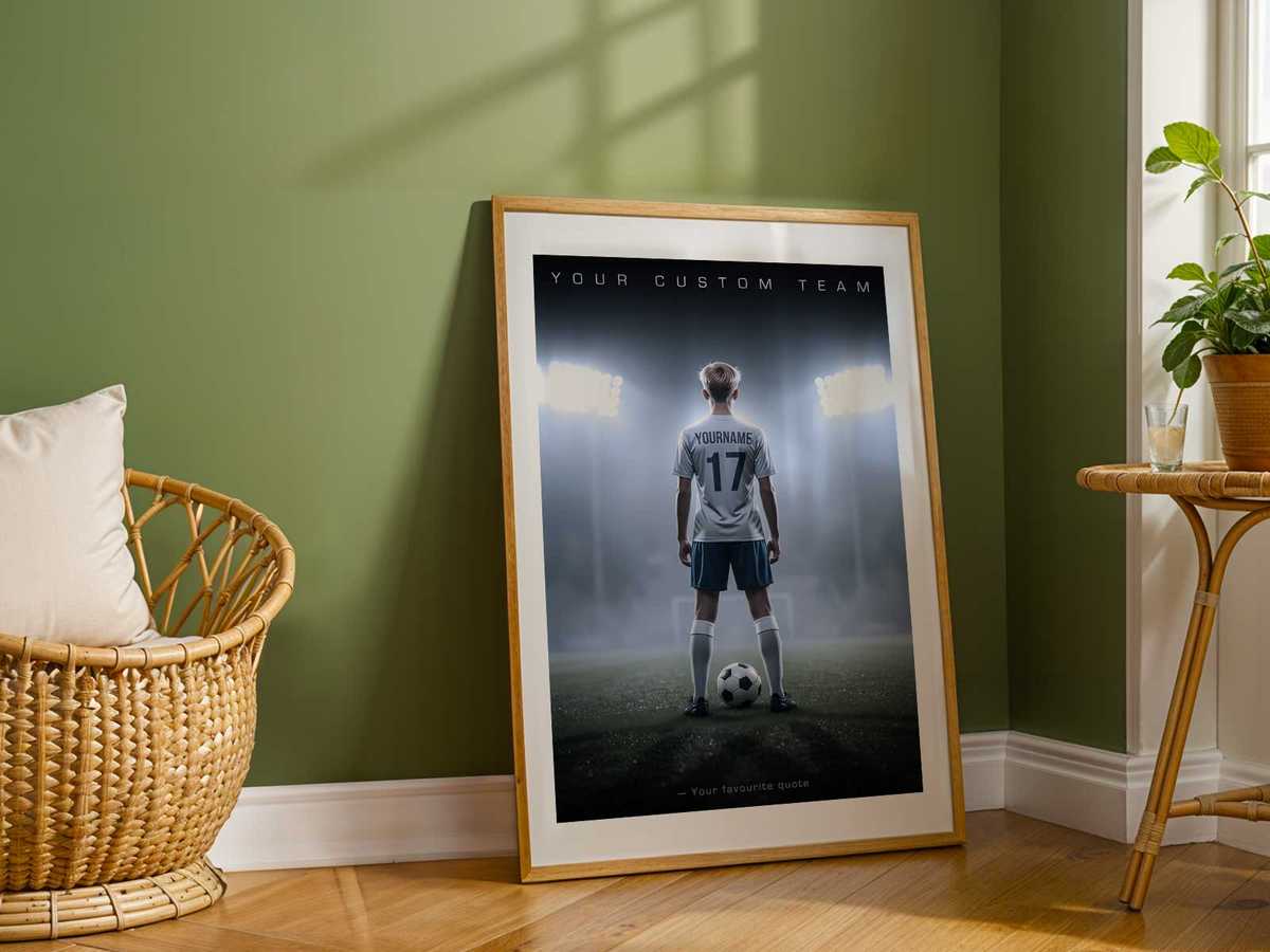 Collection of complementary color swatches next to a soccer poster mockup demonstrating team and mood palettes