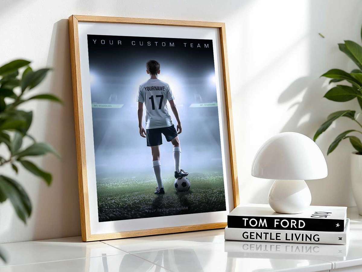 Side-by-side comparison of a framed soccer poster and a pile of interchangeable sports accessories
