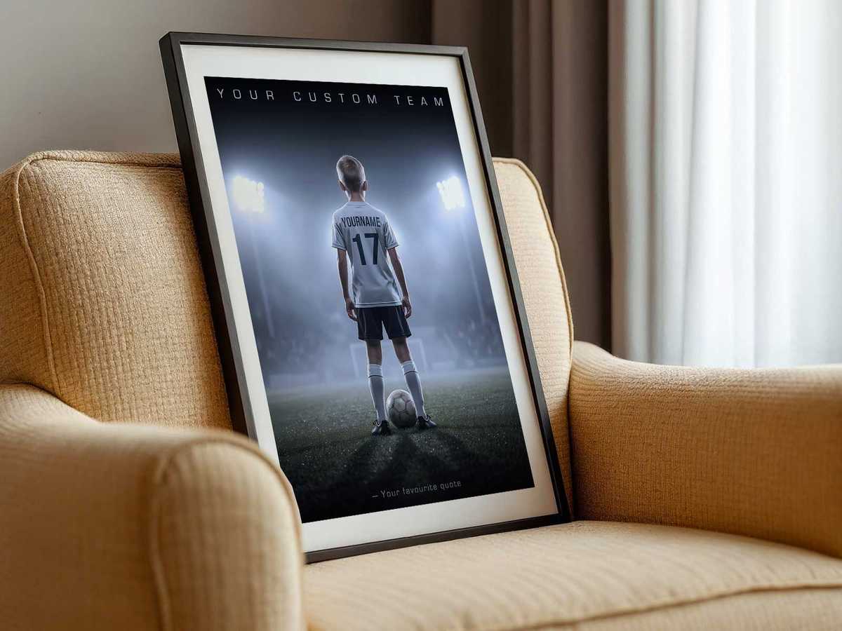 Poster showing a printed display of a custom jersey silhouette with player number and personalized message