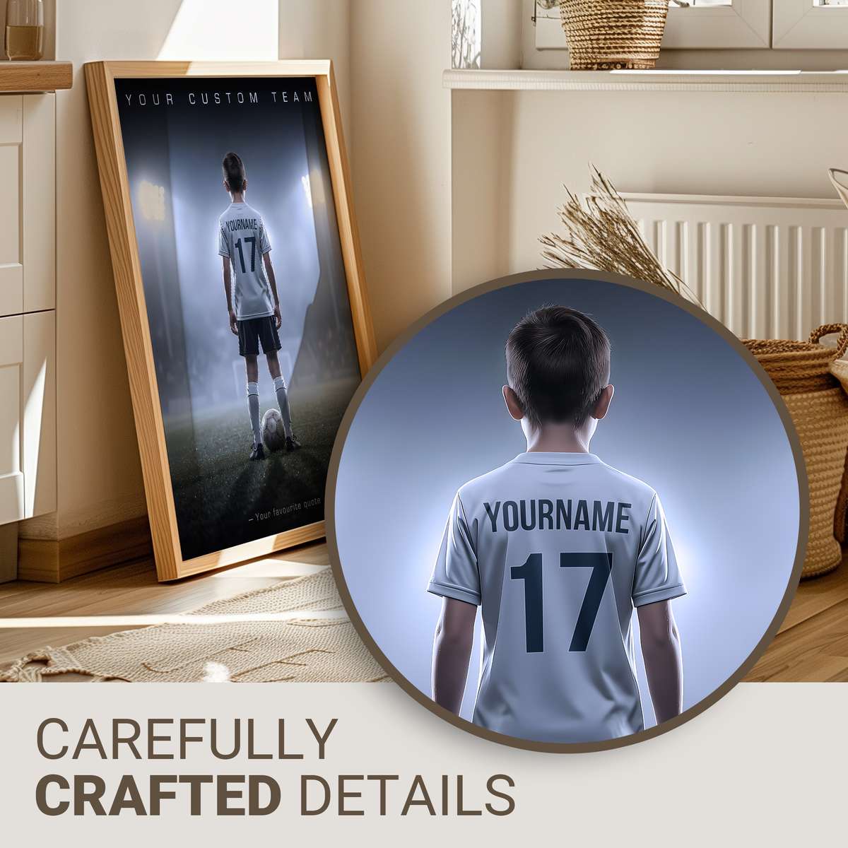 Close-up of a personalized soccer jersey framed with player name and number, displayed on a wall above a trophy shelf
