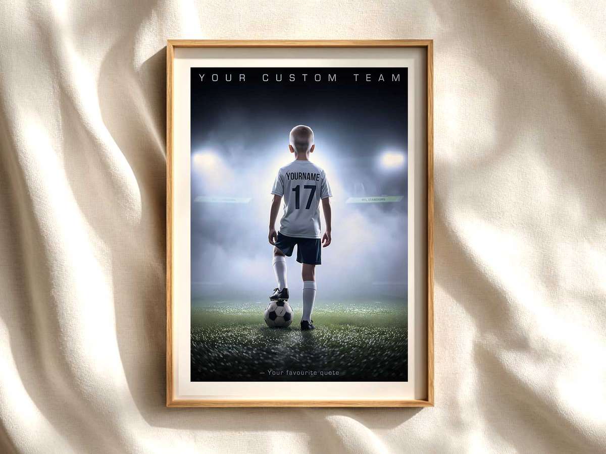 Close-up of a personalized soccer jersey framed with player name and number, displayed on a wall above a trophy shelf