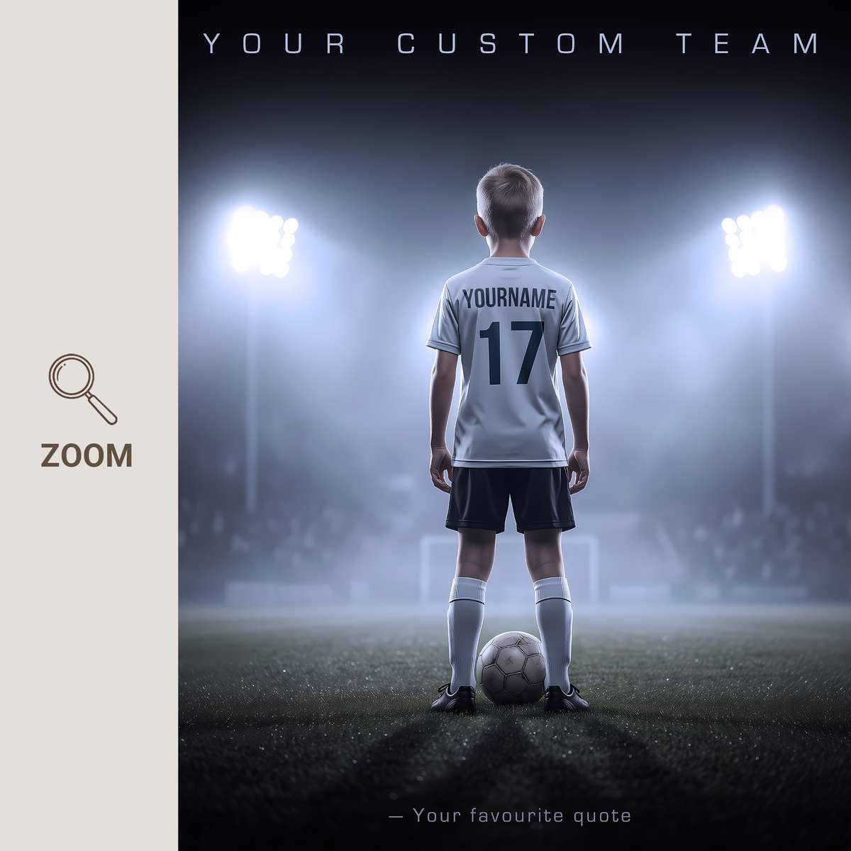 Personalized name and number poster above a desk with subtle USWNT color accents and organized shelves