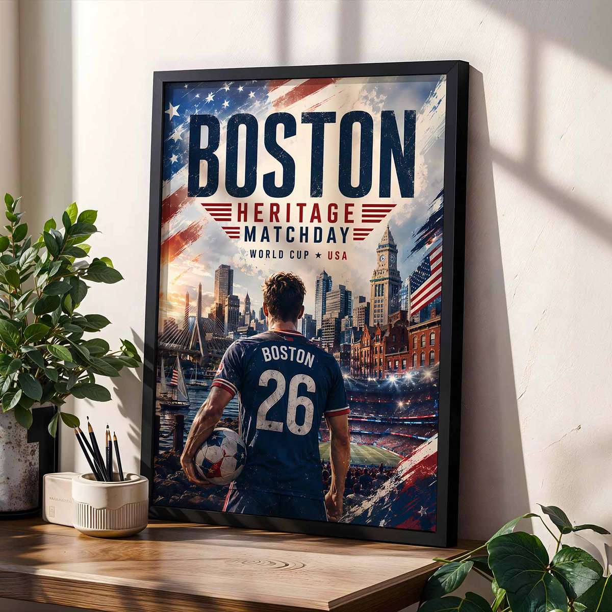 Mockup of a custom World Cup 2026 Boston poster displayed on a living room wall above a couch, showing how the artwork…