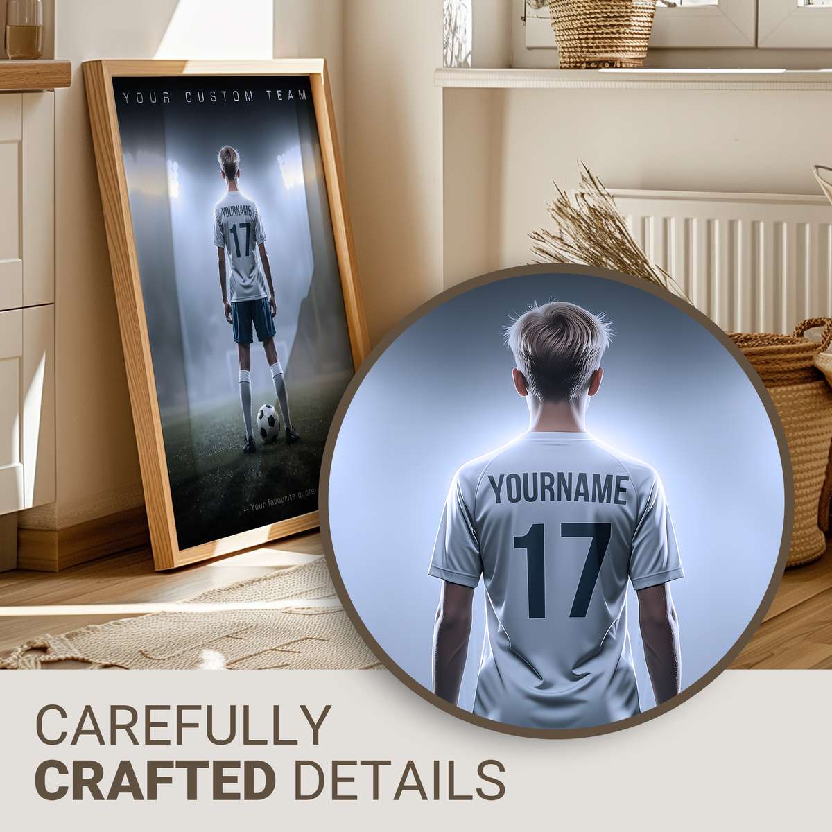 Framed custom soccer poster with boyfriend's name and favorite number on a living room wall