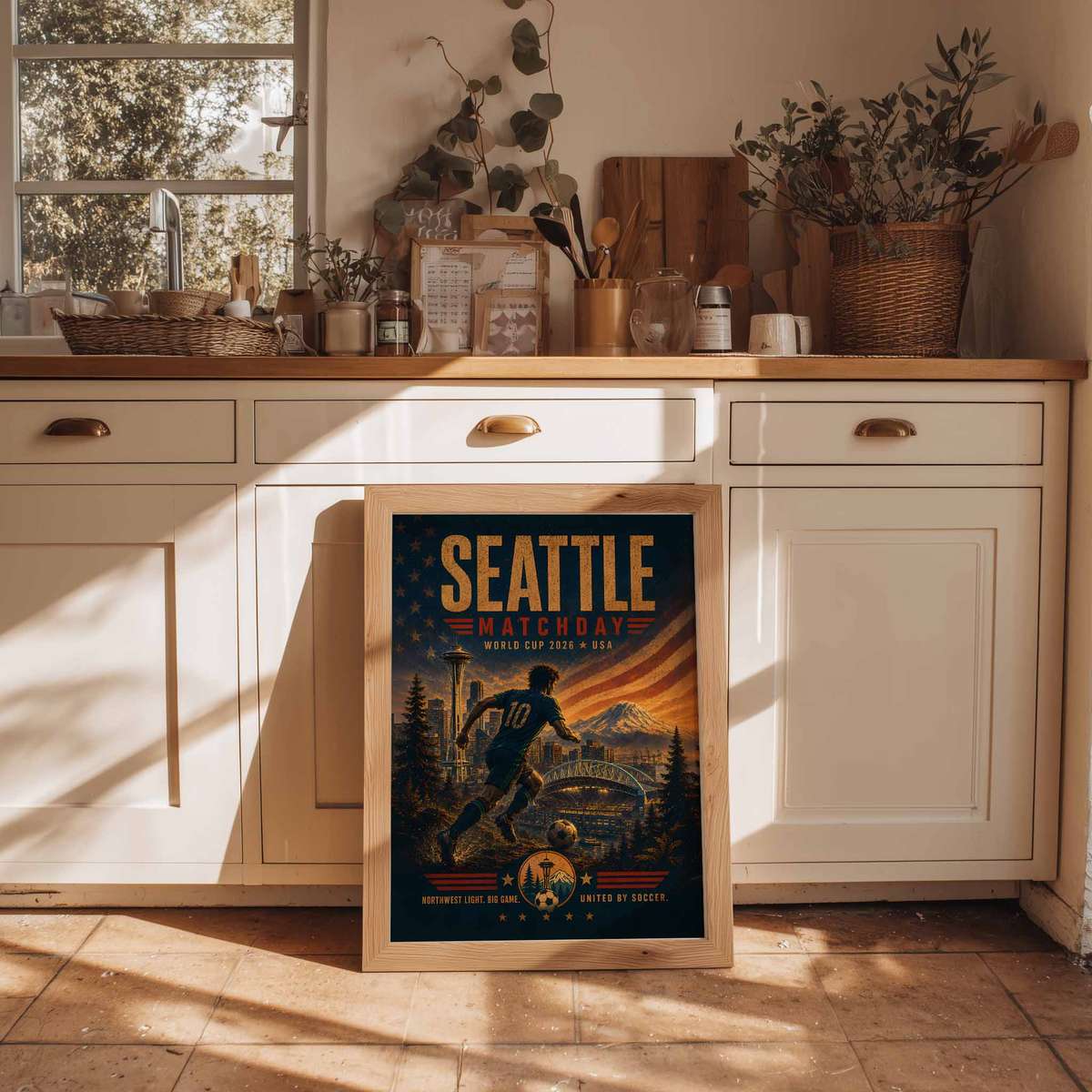 Poster mockup with space for personalized match details like date, teams, and final score over Seattle backdrop