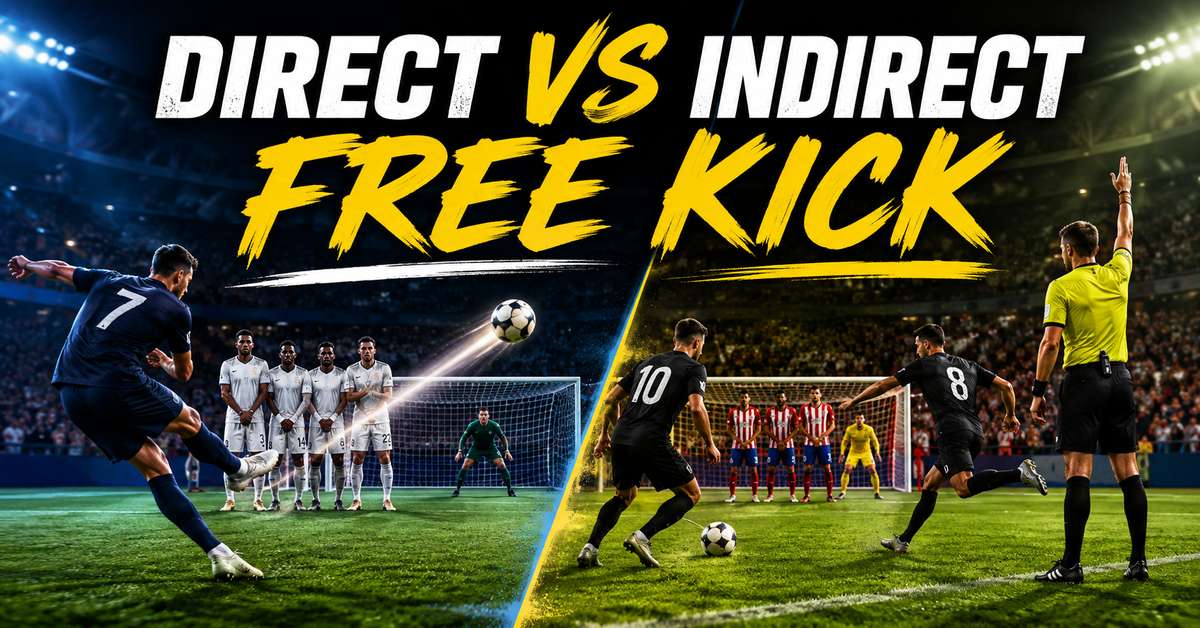 Referee standing with one arm raised to signal an indirect free kick on the pitch