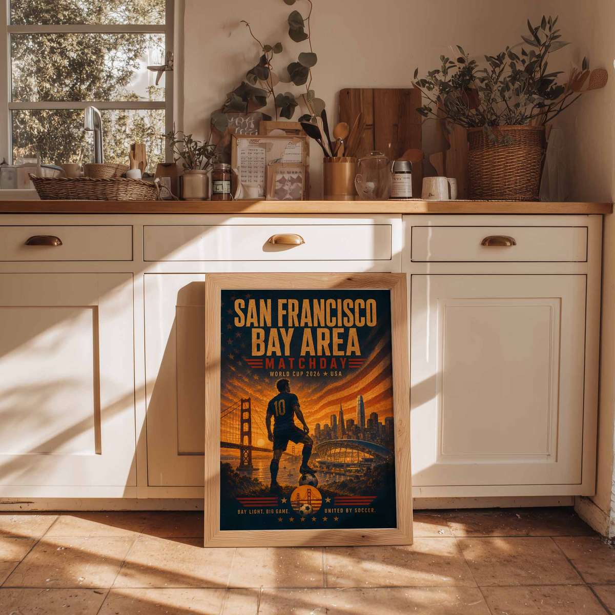 Poster showing silhouettes of cheering fans in front of a panoramic San Francisco cityscape
