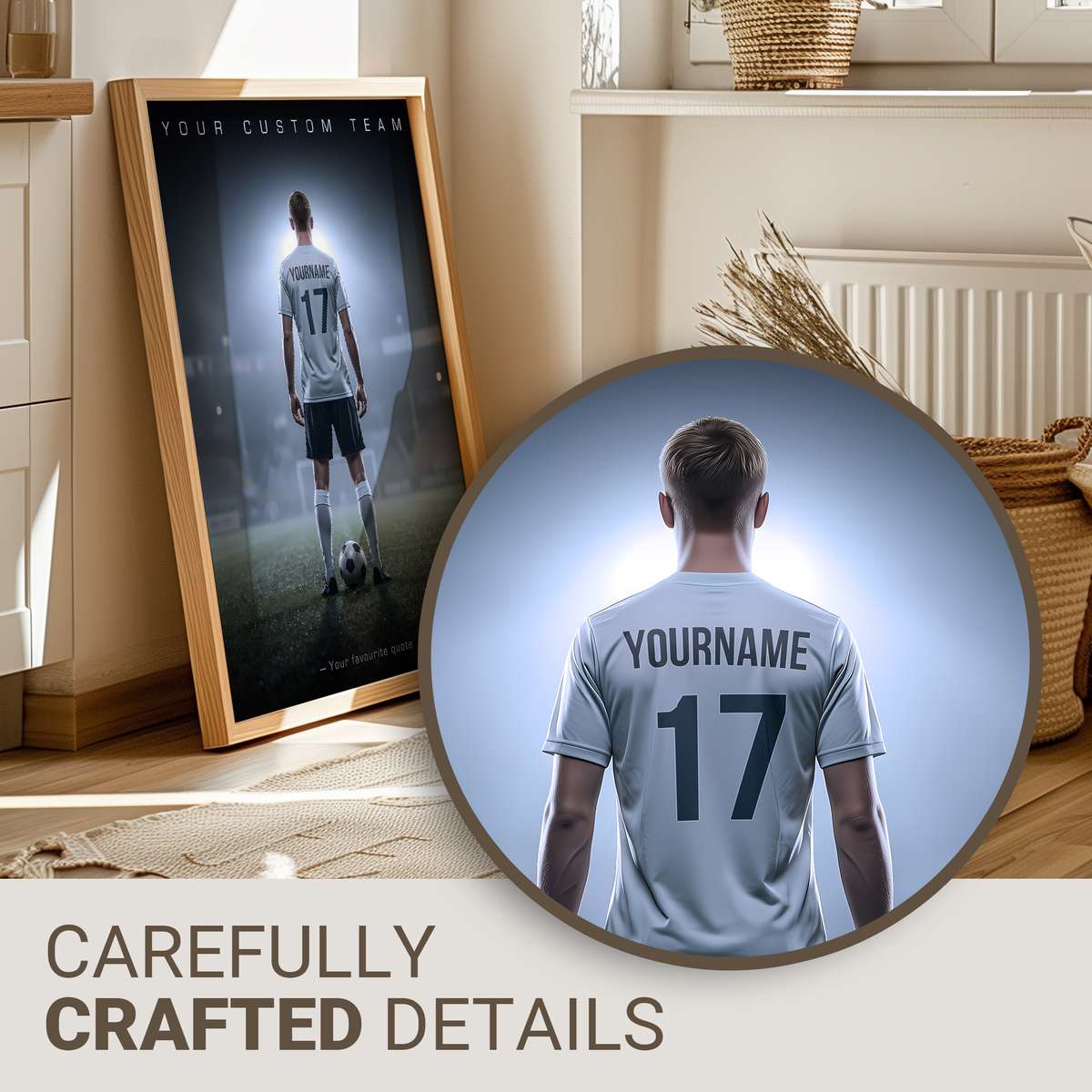 Large framed collage of soccer posters, match tickets, and youth team photos arranged on a bedroom wall