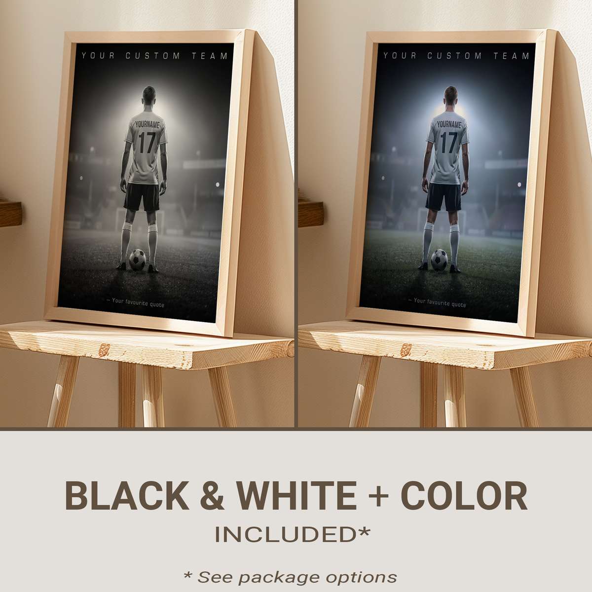 Large framed collage of soccer posters, match tickets, and youth team photos arranged on a bedroom wall