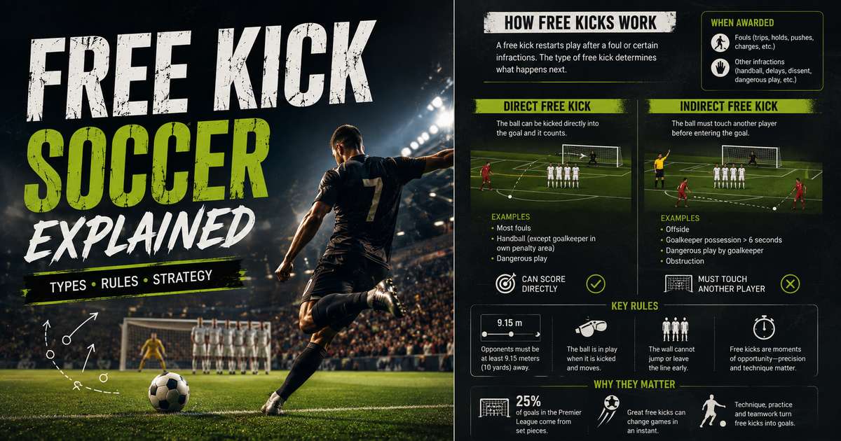 Soccer player striking a direct free kick with goalkeeper preparing to dive