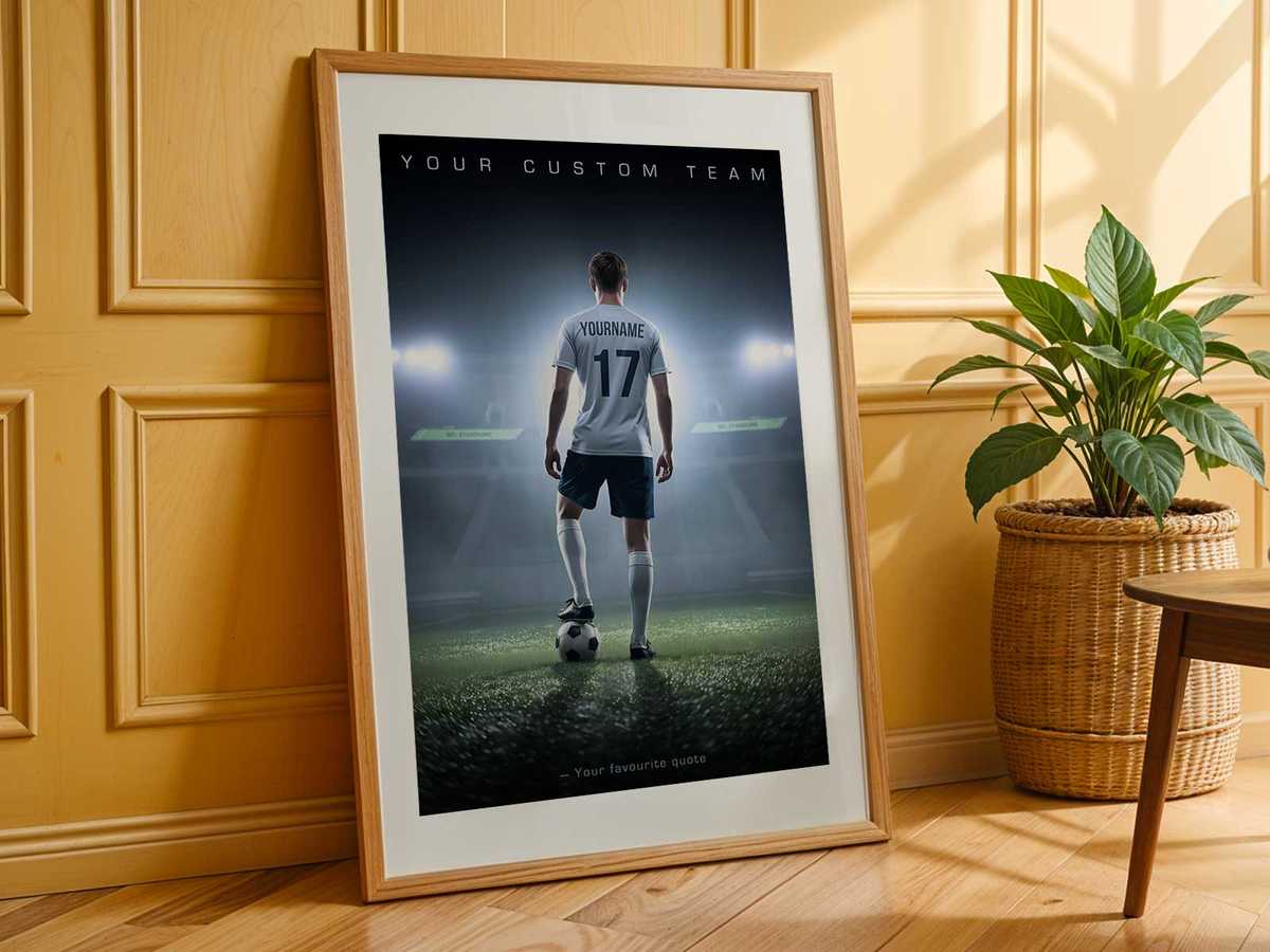 Gallery-style arrangement of soccer posters with even spacing and a restrained color scheme