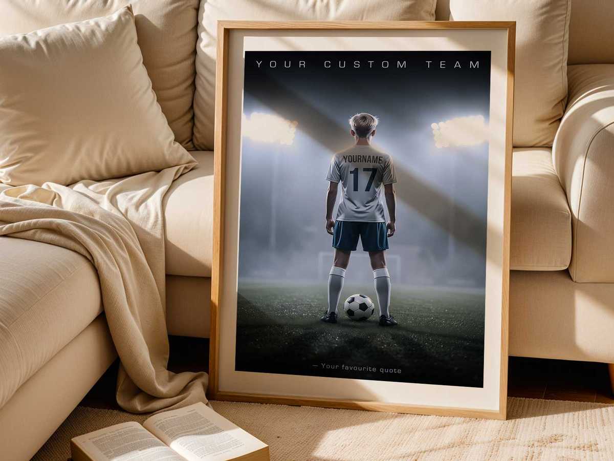 Poster illustrating generic football merchandise like mass-produced shirts and novelty items with a caution symbol