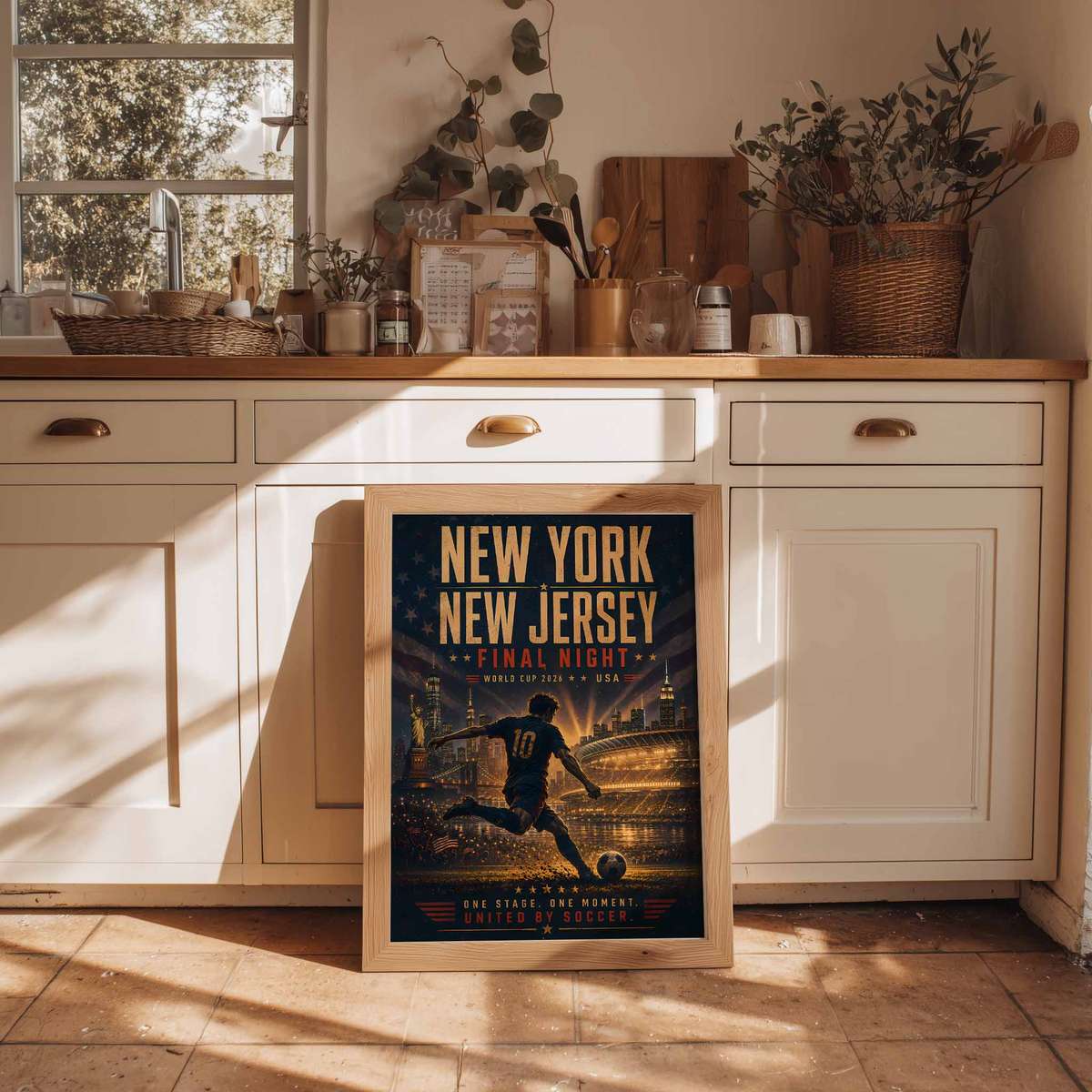 Poster artwork inspired by a historic match scoreboard, framed by skyline motifs and celebratory lighting