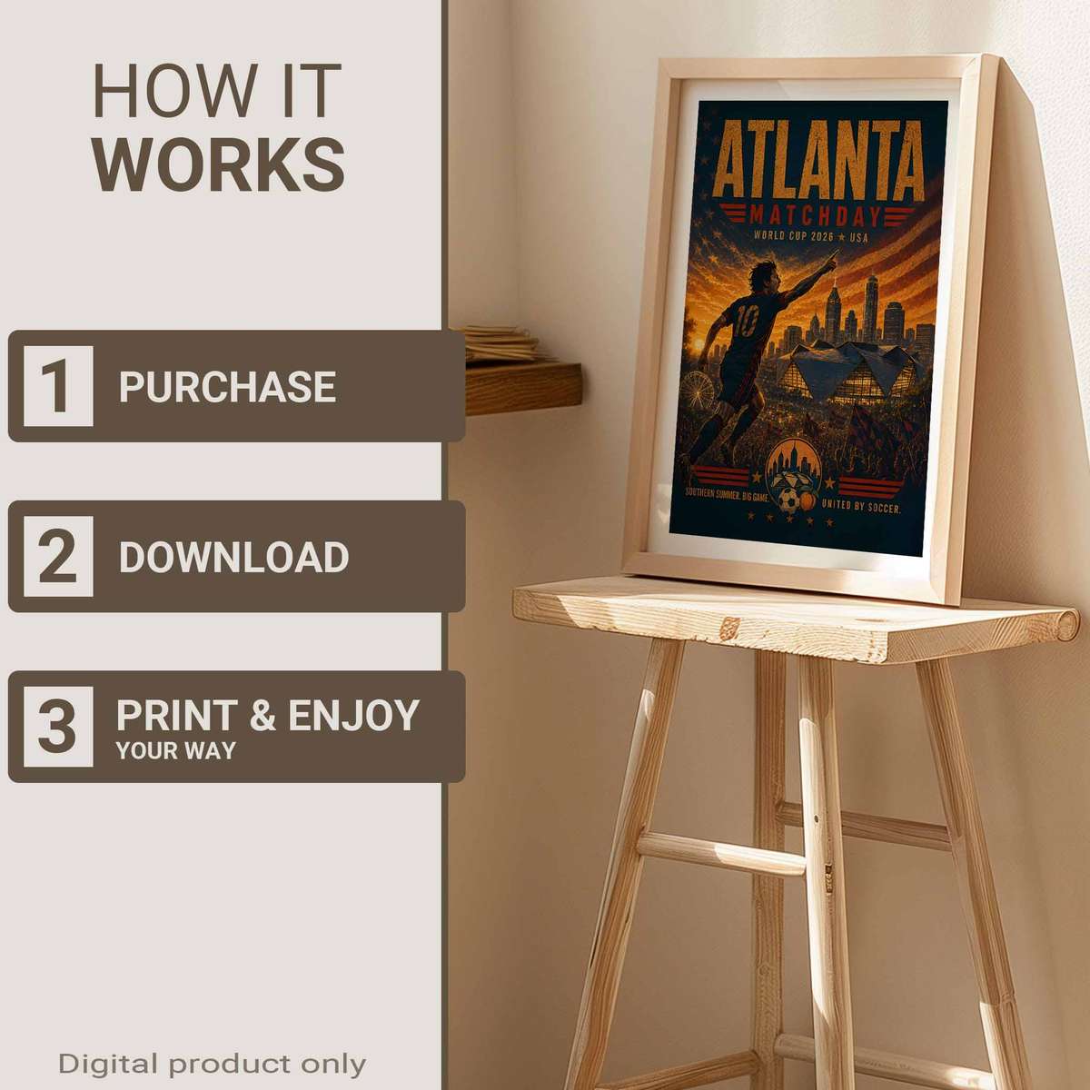 Atlanta skyline at sunset with stadium floodlights suggesting a World Cup final night