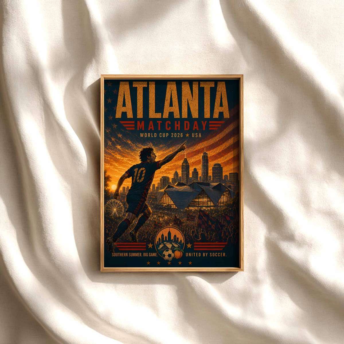Atlanta skyline at sunset with stadium floodlights suggesting a World Cup final night