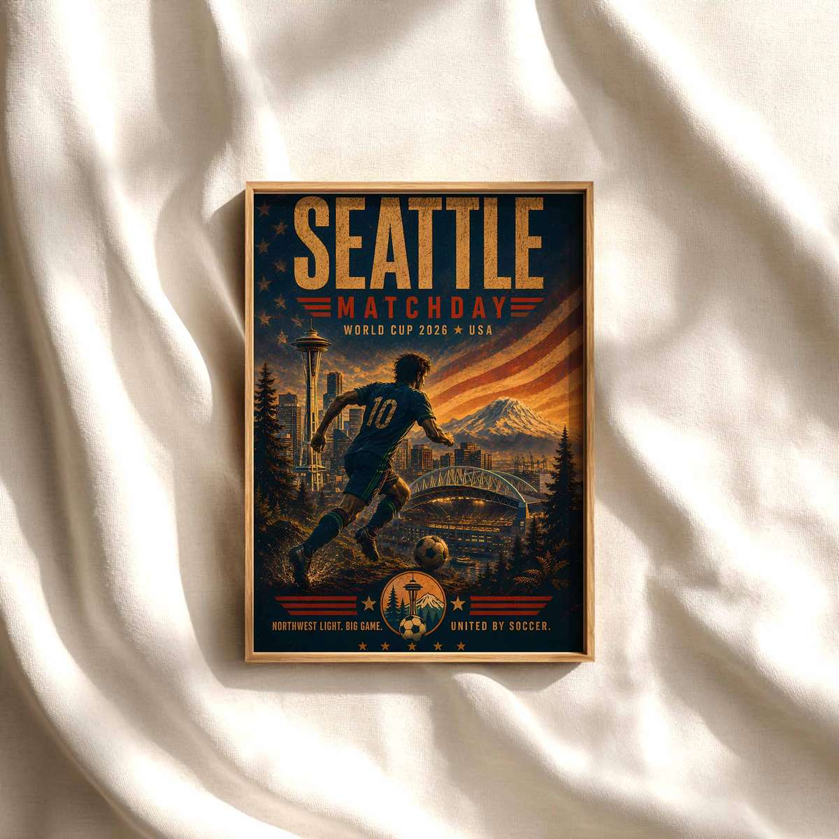 Seattle skyline at sunset with stylized World Cup final light beams over the stadium