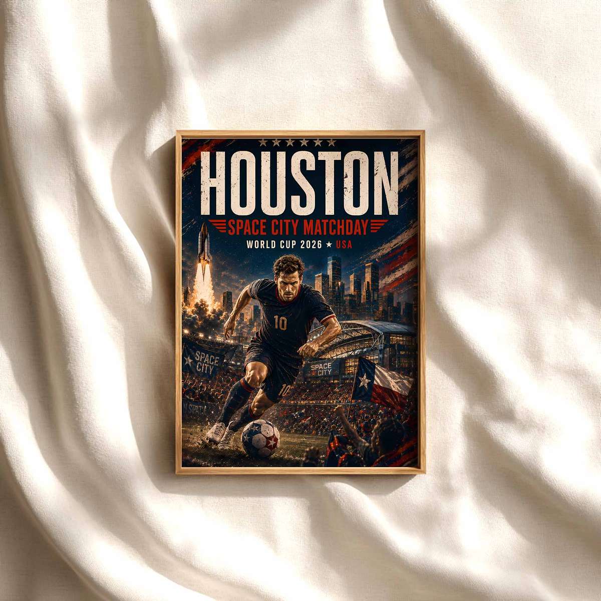 Houston skyline at sunset with stadium lights glowing during a World Cup 2026 match