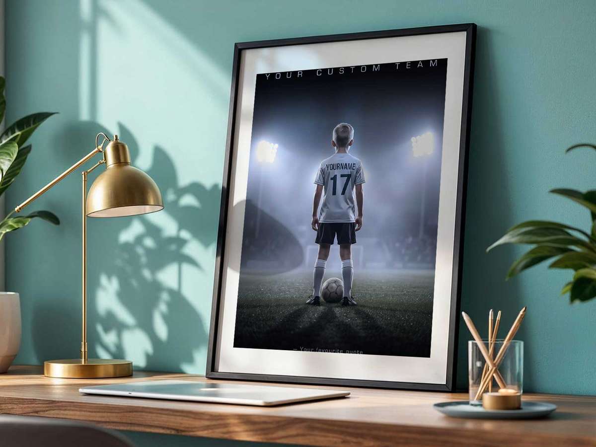 How to Design a Readable decorative print featuring athletic motion framed by stadium atmosphere for soccer players