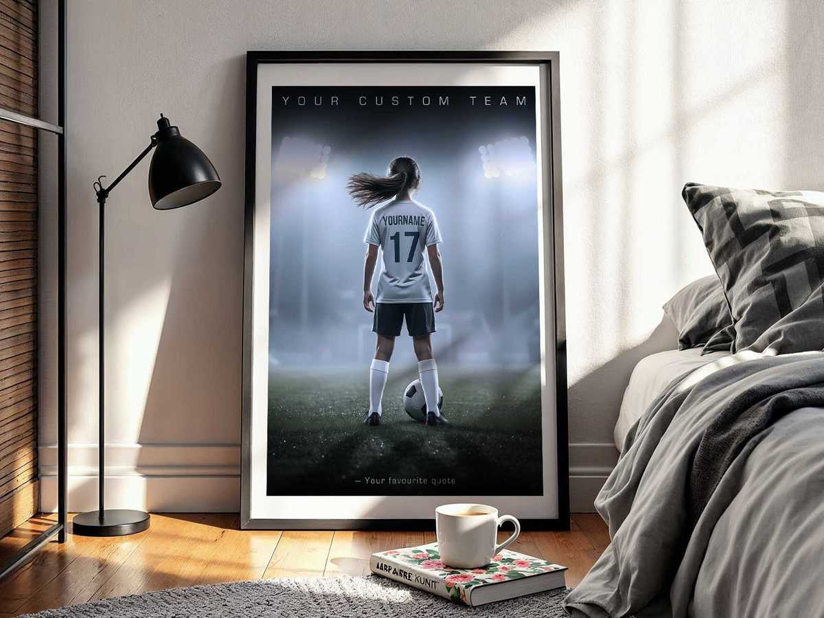 Shelving unit with a small framed custom soccer poster surrounded by trophies and books, colors coordinated for a tidy look