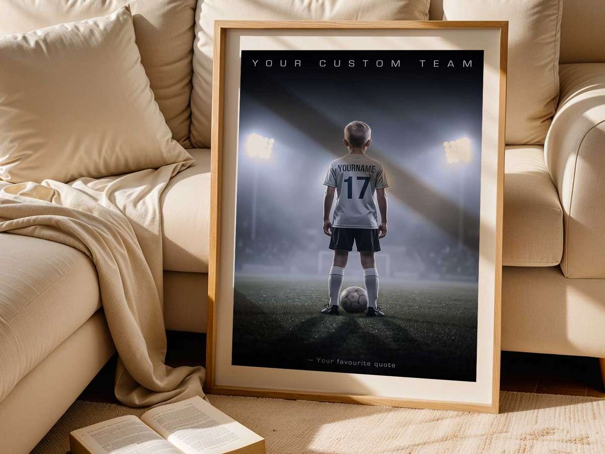 Poster displaying a goalkeeper's squad number with a timeline of season milestones and tiny match icons