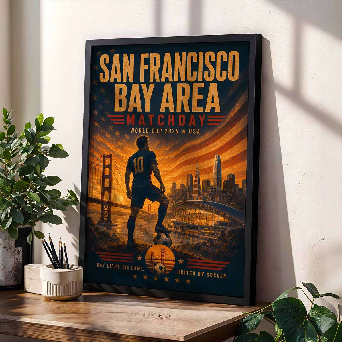 Poster combining an artistic tactical overlay with a faint stadium backdrop and San Francisco landmarks