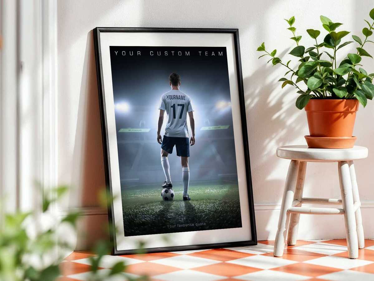 Minimalist poster icons such as a small boot, ball or crest used to hint at the player’s role