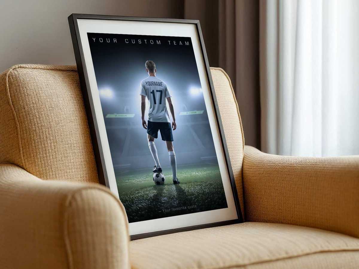 Minimalist poster with a bold jersey silhouette, season year and subtle club colors for a modern decorative statement