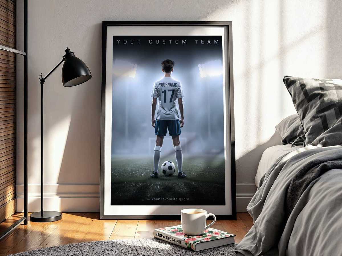 Minimalist custom soccer poster with a stylized player portrait, season dates, and subtle decorative accents for a modern…