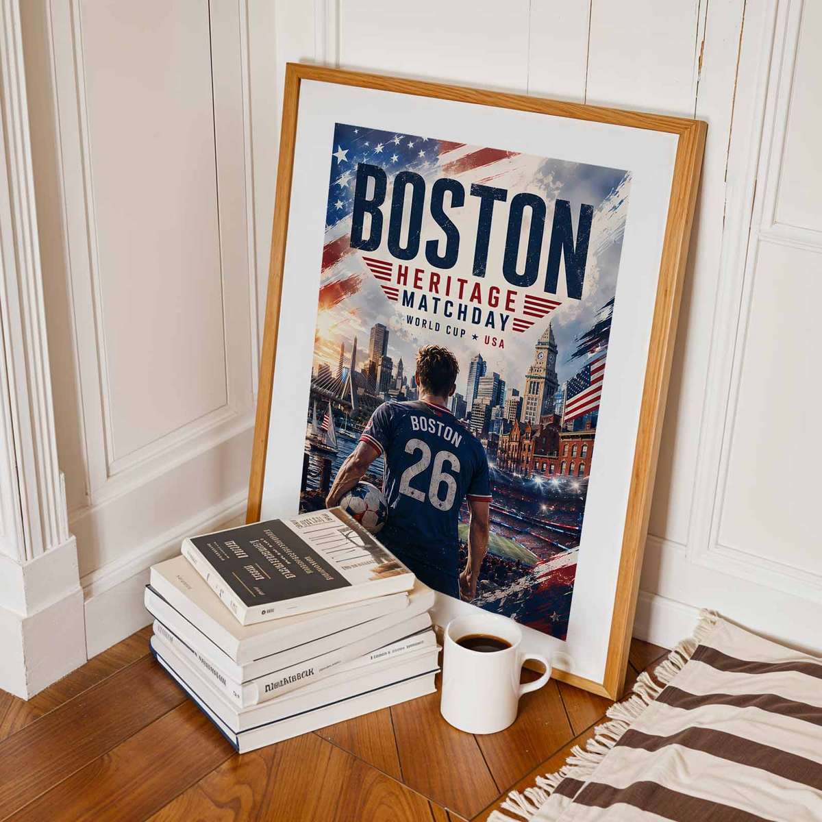 Minimalist silhouette of a soccer player against a stylized Boston skyline, designed for bold poster contrast and iconic…