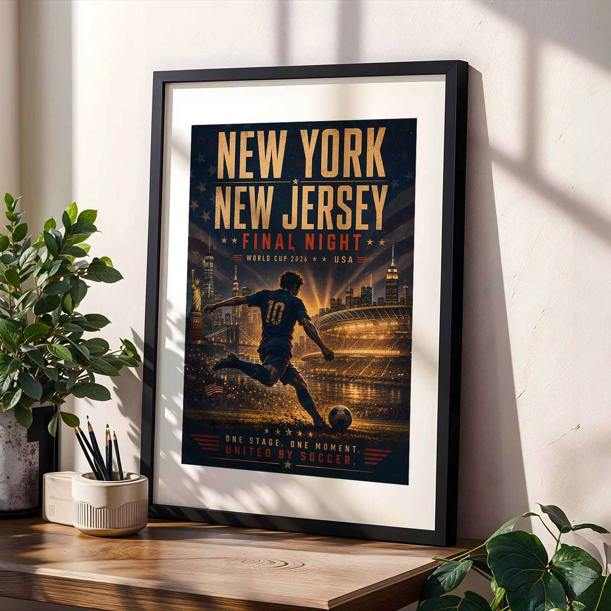 Minimalist poster combining a soccer icon silhouette with a stylized New York skyline and muted color palette
