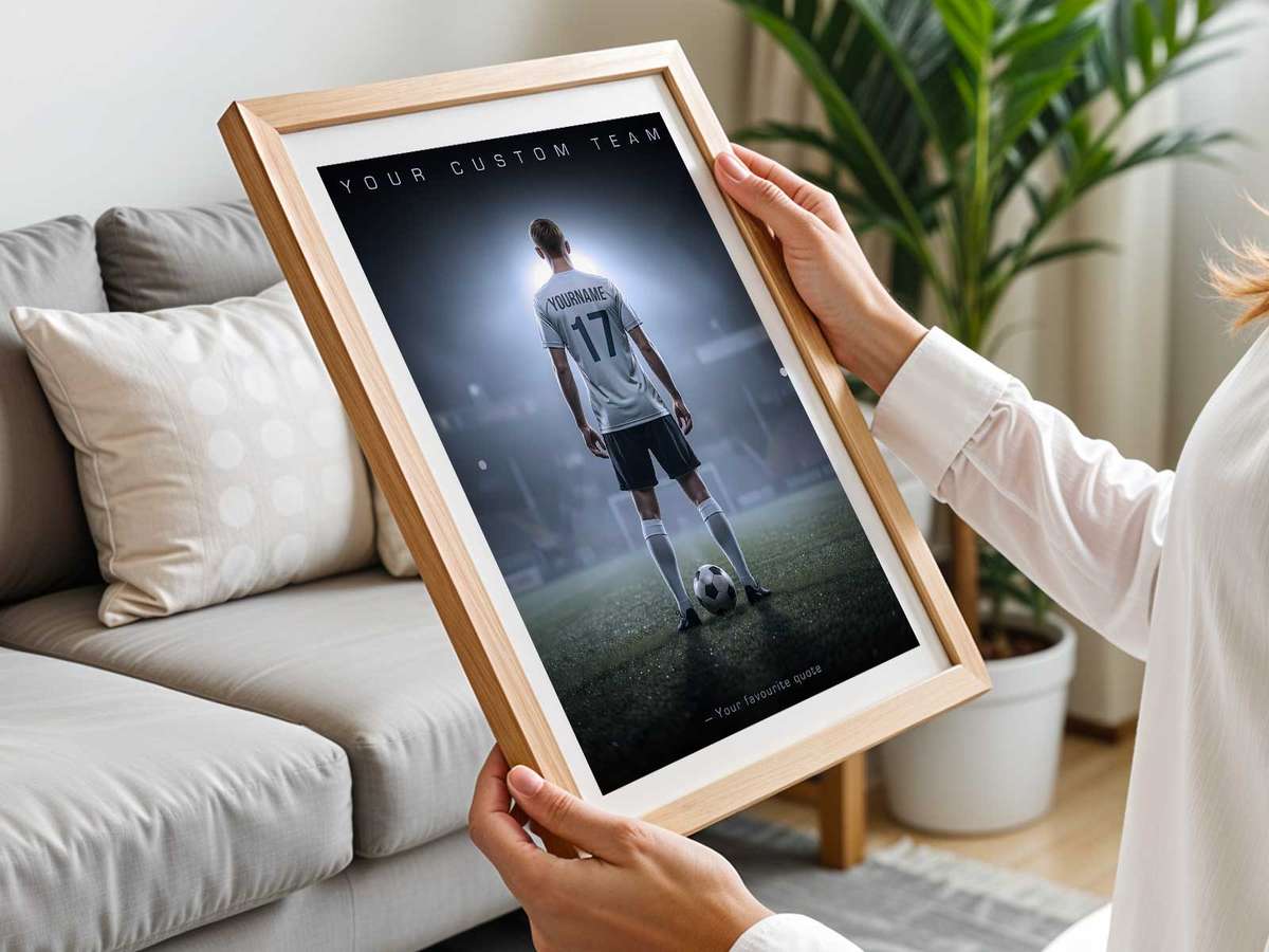 Minimalist soccer wall art featuring clean lines and muted colors above a modern shelf