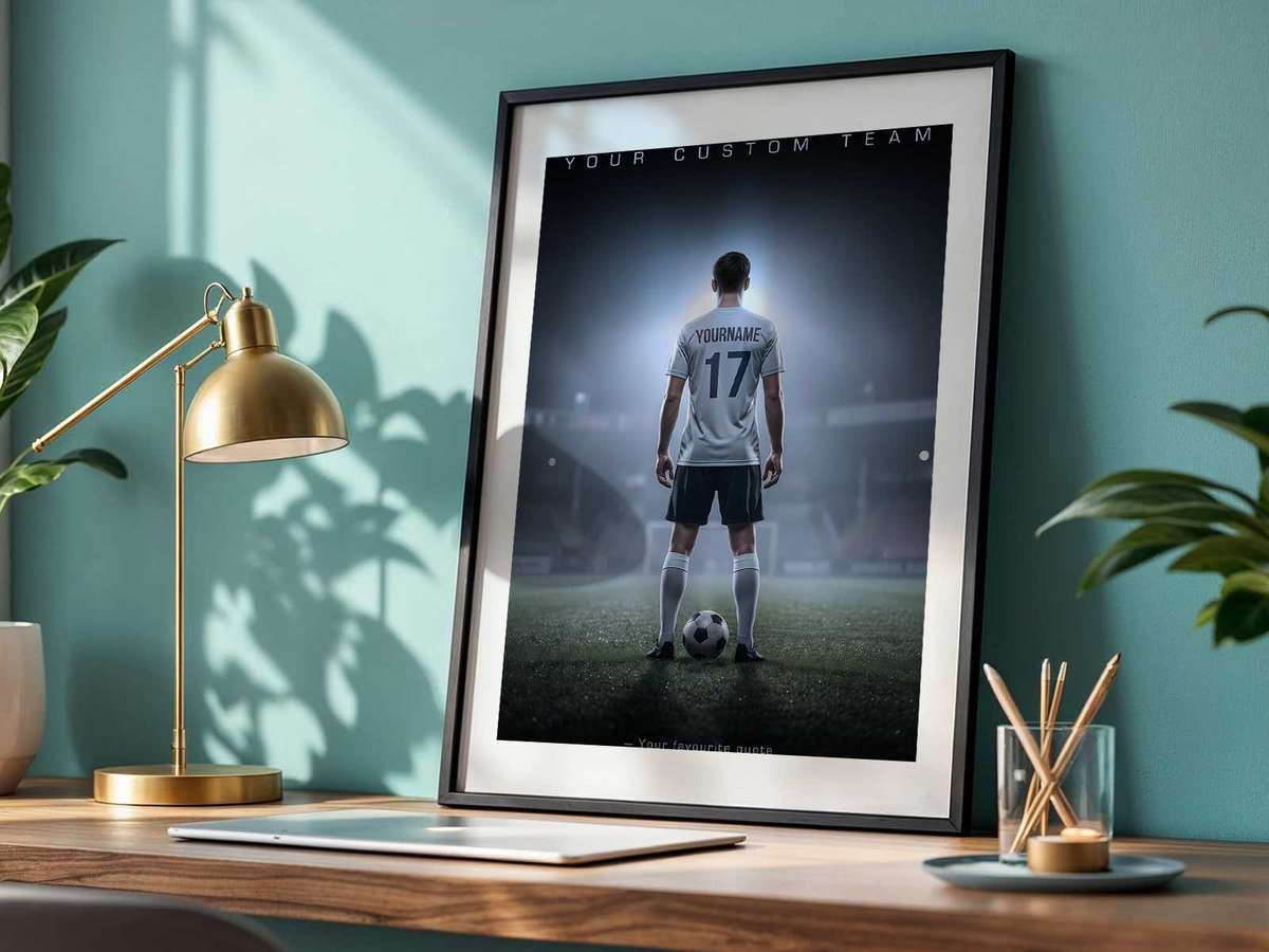 Minimalist soccer poster with bold typography of the player’s name and a subtle silhouette of a goal celebration