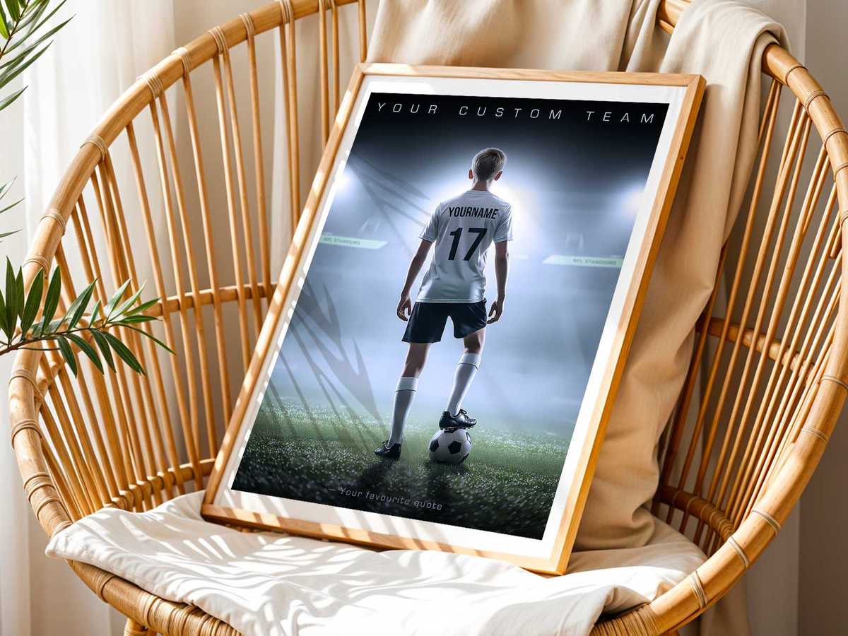 Wall-mounted custom soccer poster featuring a collage of personal photos, match tickets, and a memorable date